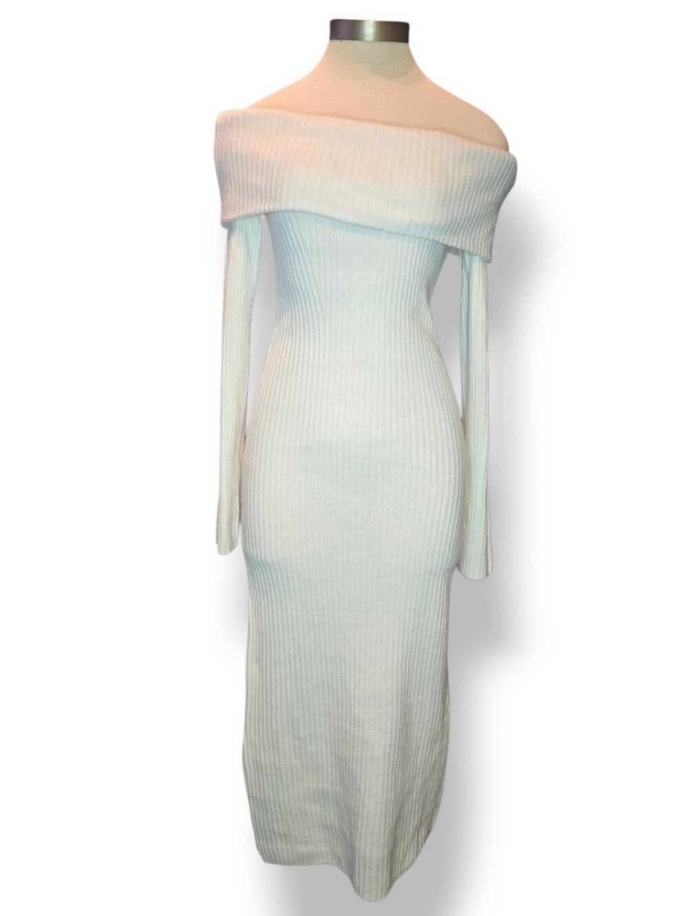 H&M Women Off-Shoulder Stretch Ribbed Knit Midi Dress in Cream Size Small - Picture 3 of 8